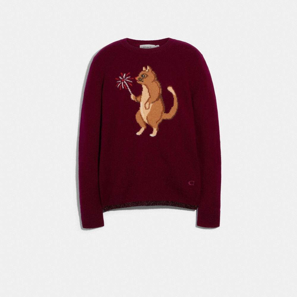 PARTY CAT INTARSIA SWEATER - WINE - COACH F79690