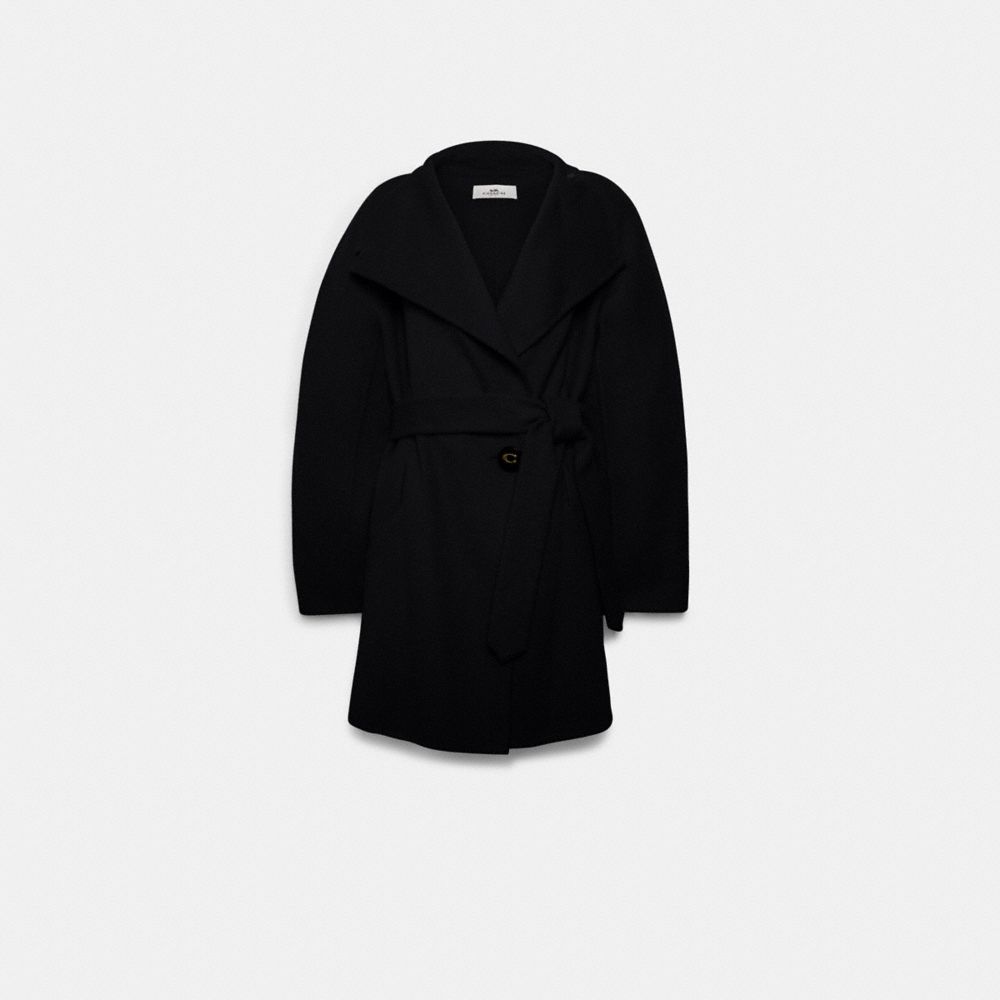 SHORT BELTED DOUBLE FACE WOOL COAT - BLACK - COACH F79696