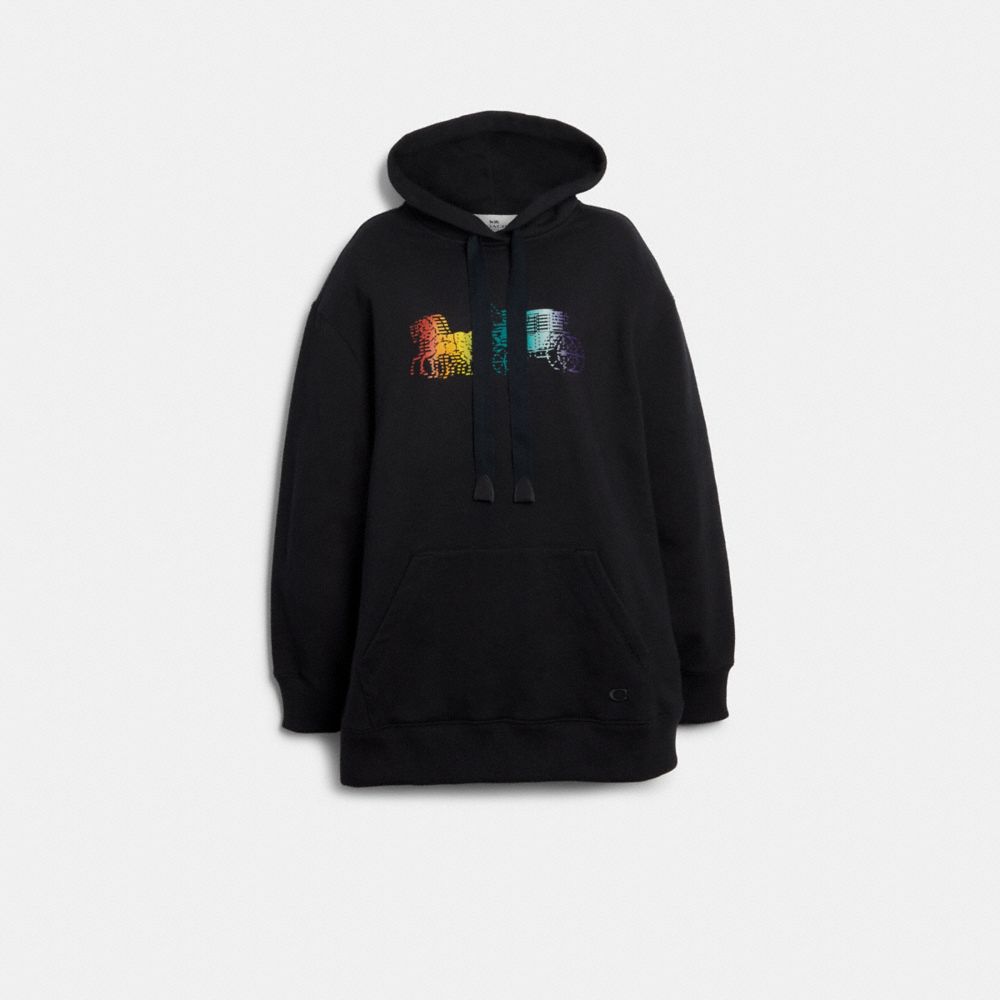 ELONGATED HOODIE WITH RAINBOW HORSE AND CARRIAGE PRINT - F79706 - BLACK