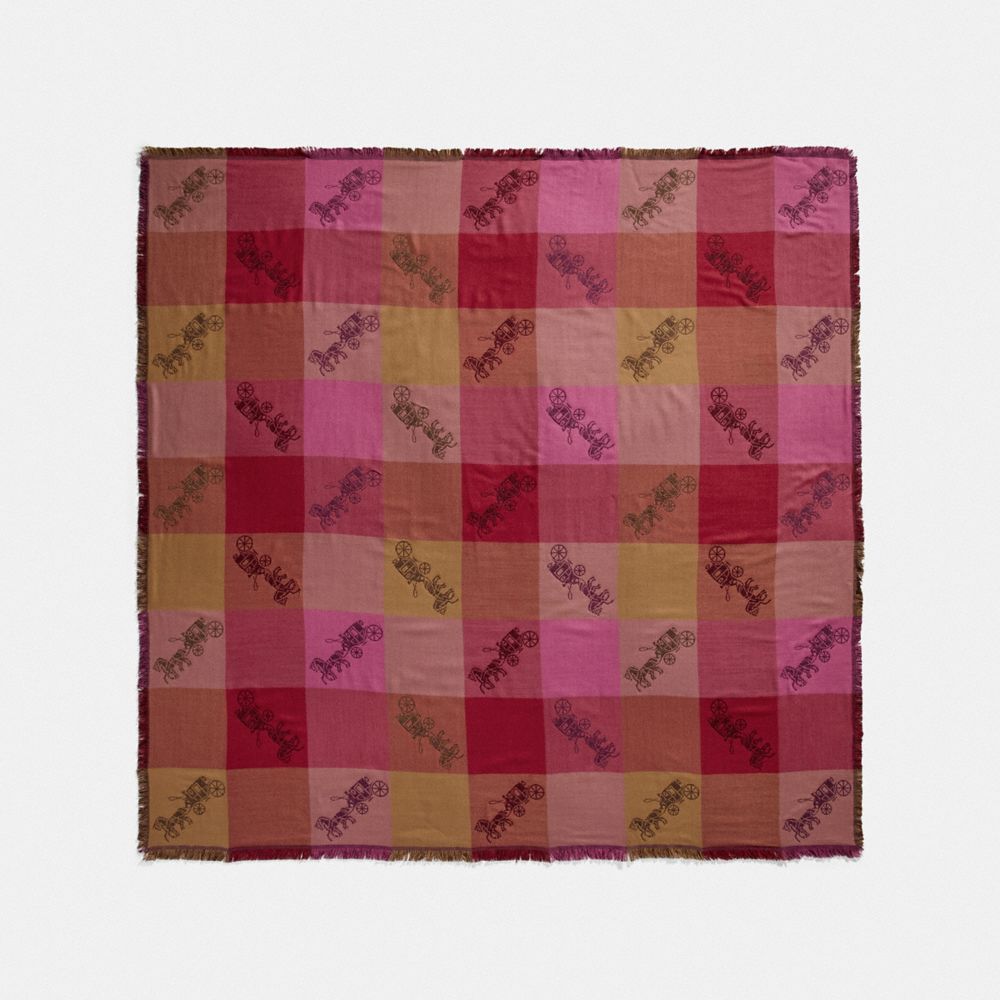 COACH F79746 HORSE AND CARRIAGE PLAID PRINT JACQUARD OVERSIZED SQUARE SCARF RASPBERRY