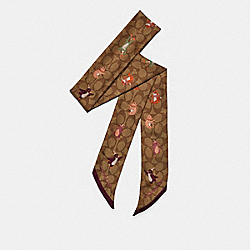 PARTY ANIMALS PRINT GLITTER SILK SKINNY SCARF - F79823 - KHAKI/DARK BERRY