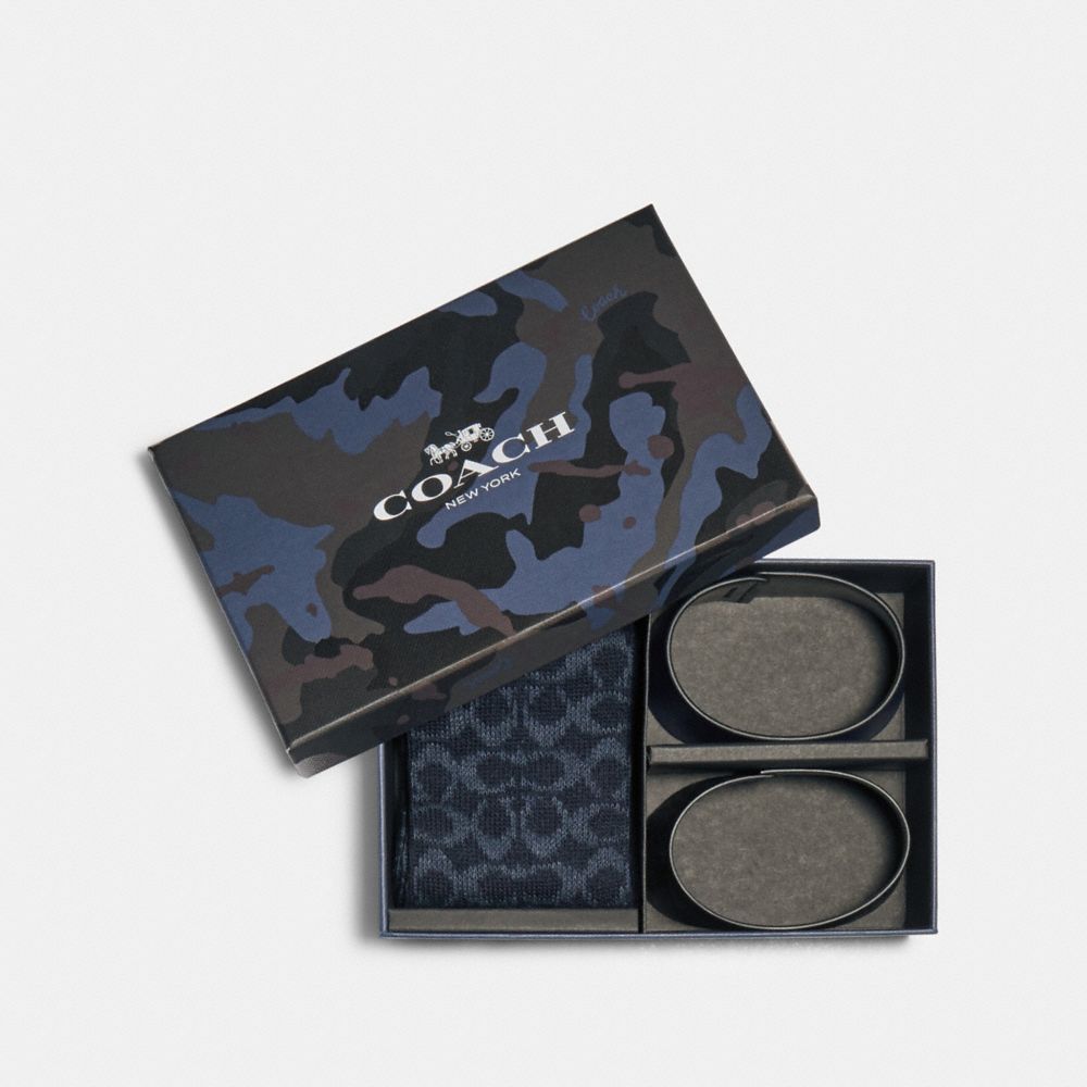 COACH F79845 BOXED COFFEE SLEEVE AND SOCK GIFT SET IN SIGNATURE CANVAS BLUE-MULTI