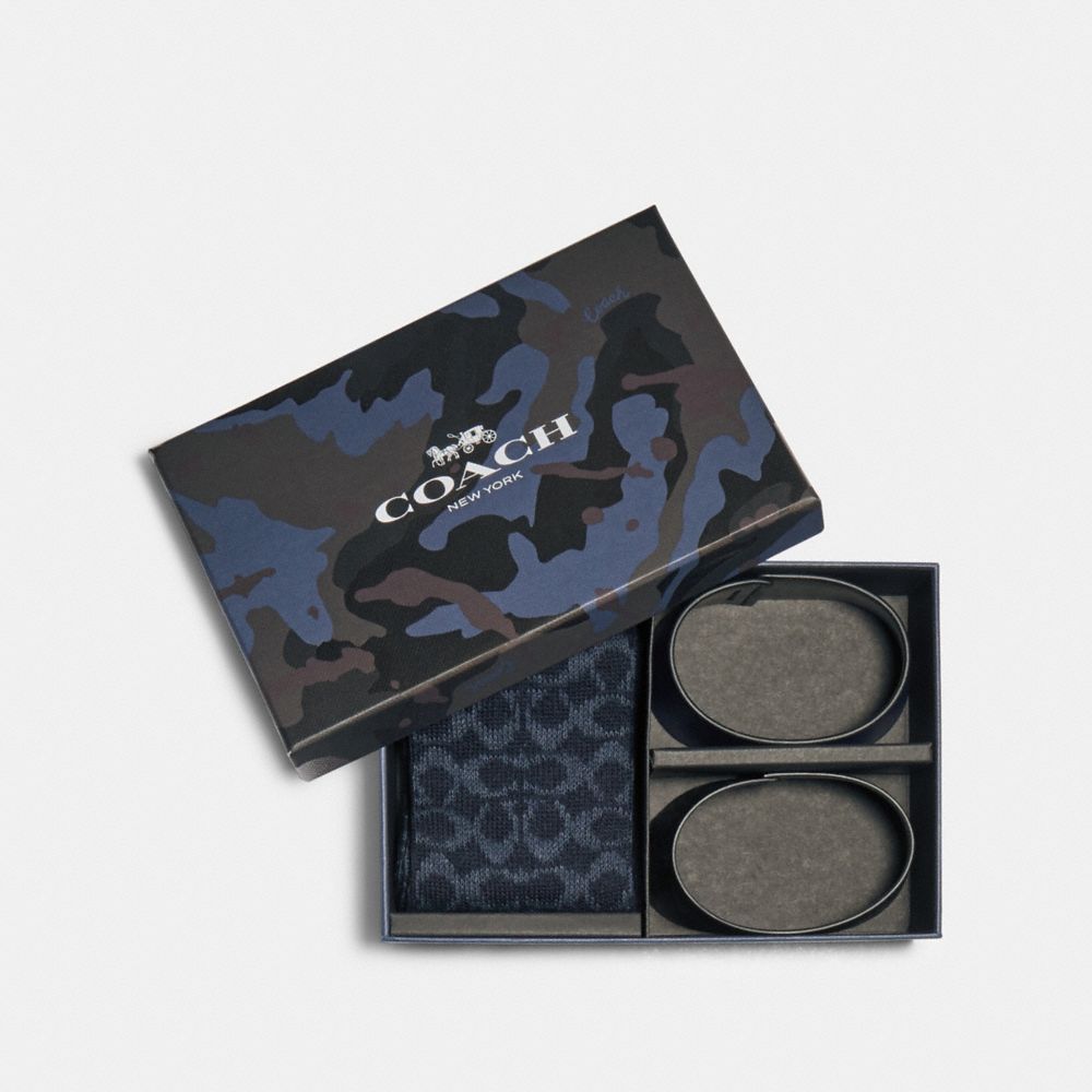 COACH F79845 Boxed Coffee Sleeve And Sock Gift Set In Signature Canvas BLUE MULTI