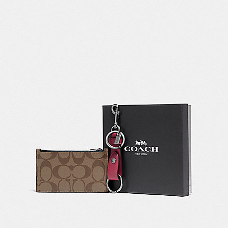COACH F79848 BOXED ZIP CARD CASE AND VALET KEY FOB GIFT SET IN SIGNATURE CANVAS QB/TAN MULTI