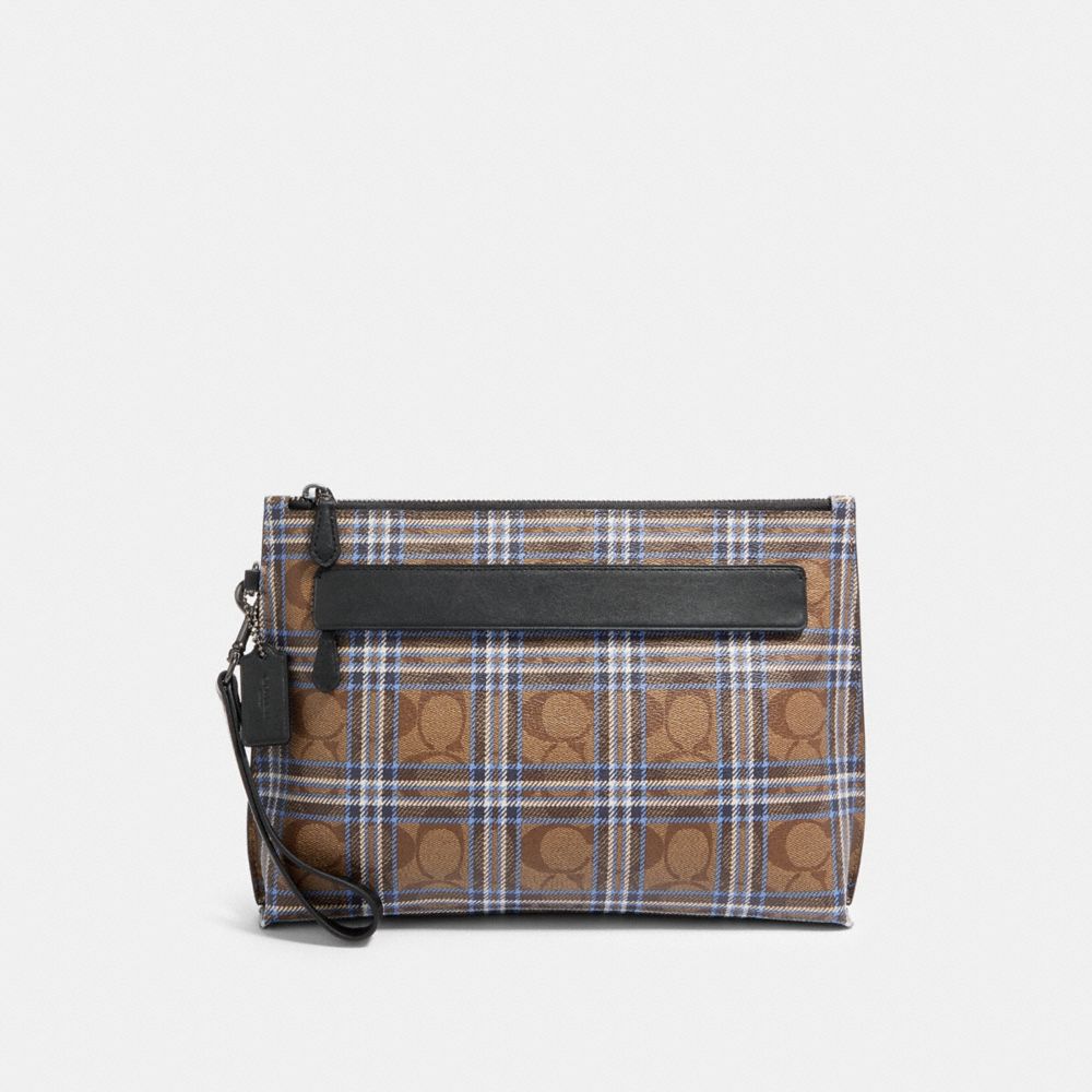 COACH F79875 Carryall Pouch In Signature Canvas With Shirting Plaid Print QB/KHAKI BLUE