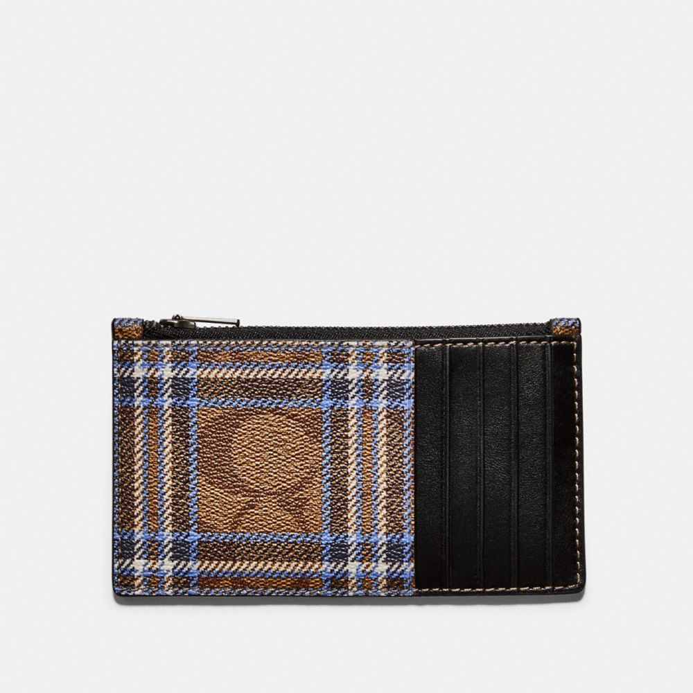 COACH F79876 Zip Card Case In Signature Canvas With Shirting Plaid Print QB/KHAKI BLUE