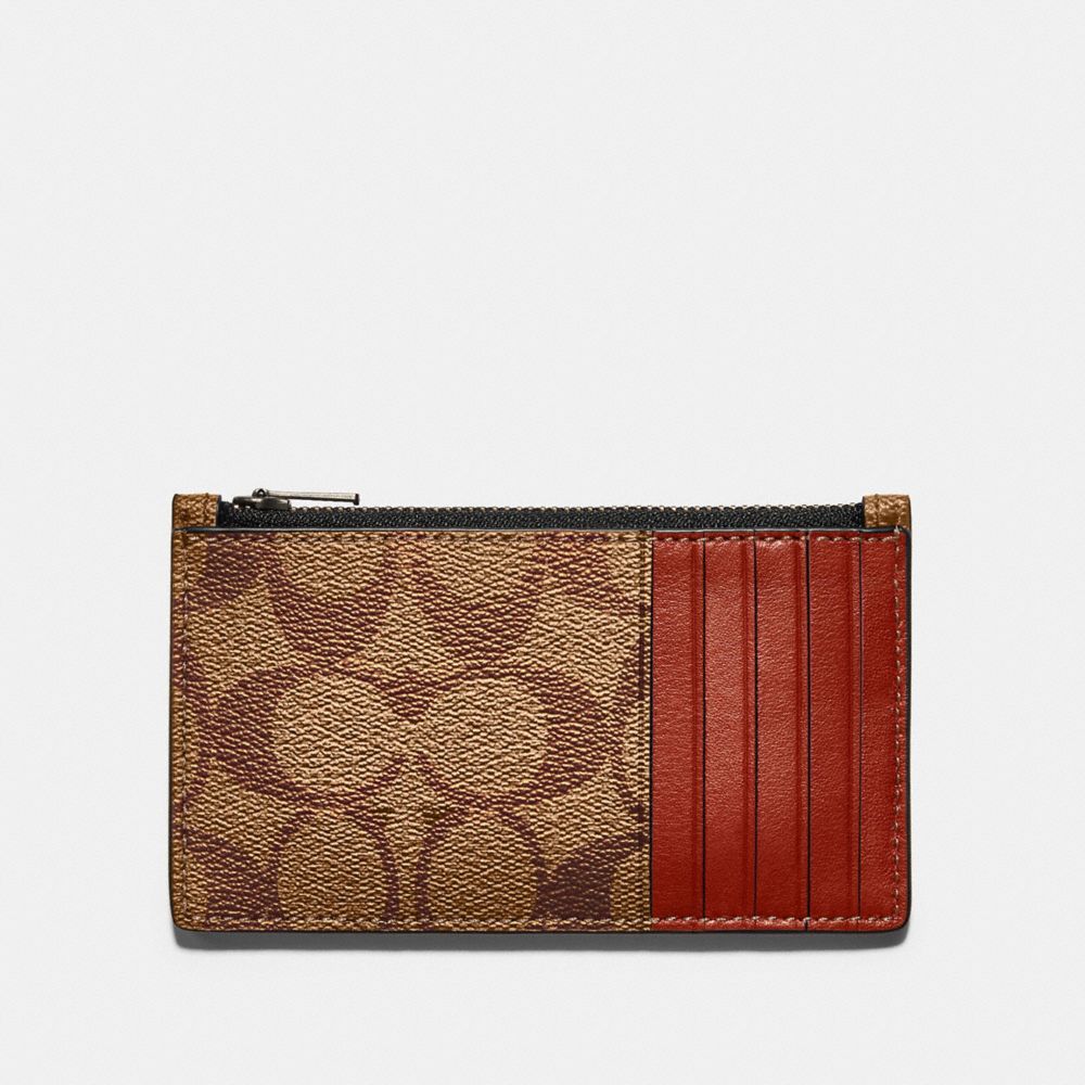 COACH ZIP CARD CASE IN COLORBLOCK SIGNATURE CANVAS - QB/TAN TERRACOTTA - F79878