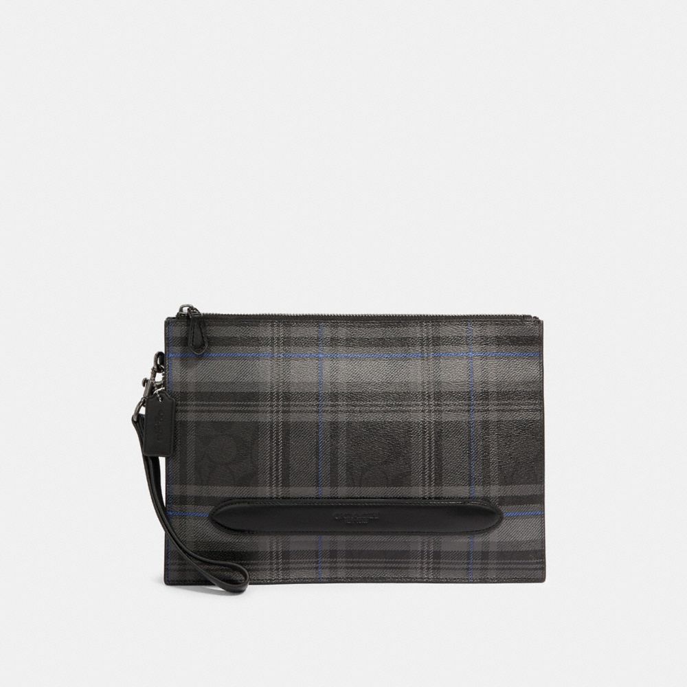 COACH STRUCTURED POUCH IN SIGNATURE CANVAS WITH GRACE PLAID PRINT - SV/BLACK GREY - F79879