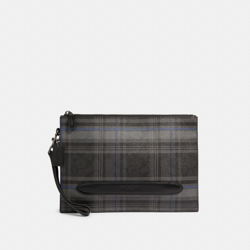 COACH F79879 STRUCTURED POUCH IN SIGNATURE CANVAS WITH GRACE PLAID PRINT SV/BLACK GREY