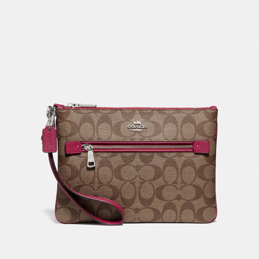 COACH F79896 GALLERY POUCH IN SIGNATURE CANVAS SV/KHAKI DARK FUCHSIA