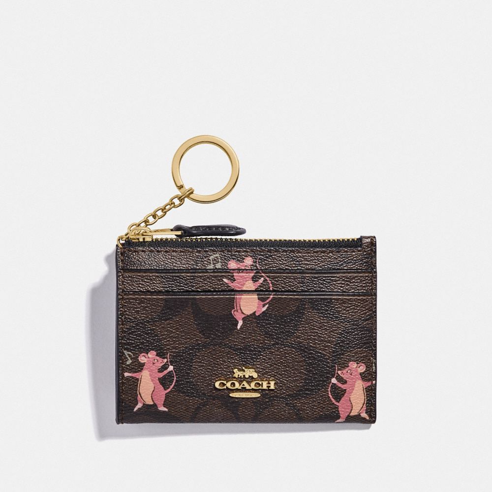 COACH F79927 MINI SKINNY ID CASE IN SIGNATURE CANVAS WITH PARTY MOUSE PRINT IM/BROWN PINK MULTI