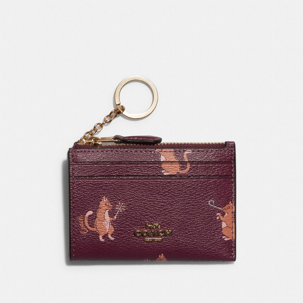 COACH F79928 Mini Skinny Id Case With Party Cat Print IM/DARK BERRY MULTI