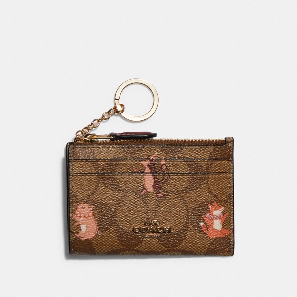 MINI SKINNY ID CASE IN SIGNATURE CANVAS WITH PARTY ANIMALS PRINT - F79930 - IM/KHAKI PINK MULTI