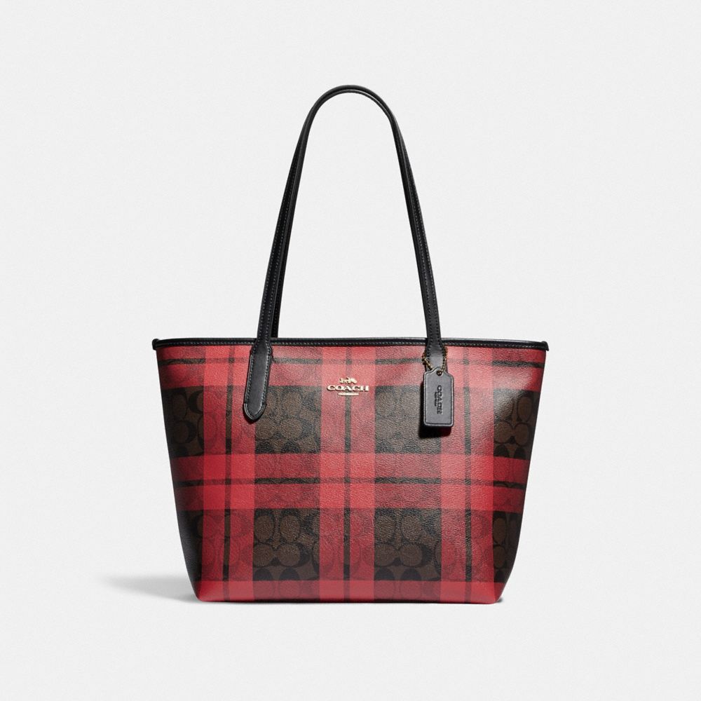 COACH ZIP TOP TOTE IN SIGNATURE CANVAS WITH FIELD PLAID PRINT - IM/BROWN TRUE RED MULTI - F80028