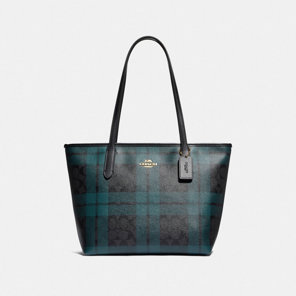 COACH ZIP TOP TOTE IN SIGNATURE CANVAS WITH FIELD PLAID PRINT - IM/BLACK/DEEP OCEAN MULTI - F80028