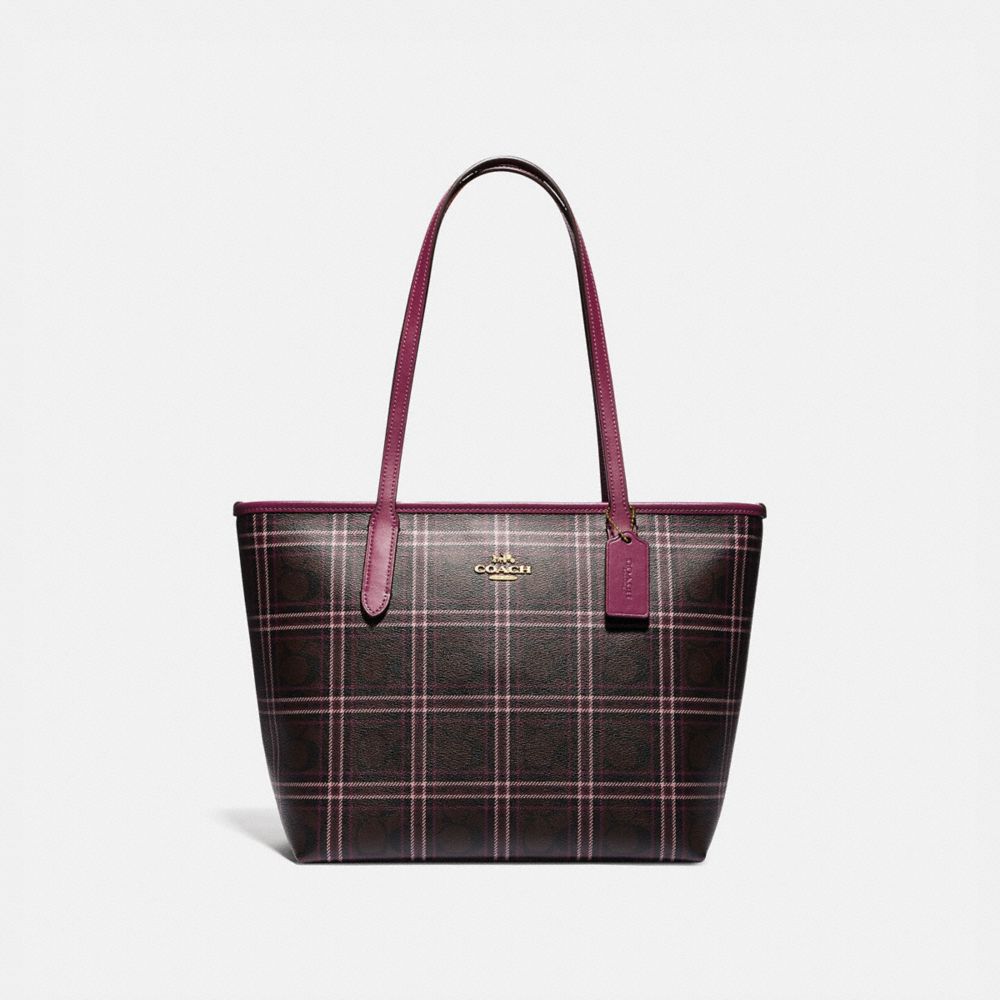ZIP TOP TOTE IN SIGNATURE CANVAS WITH SHIRTING PLAID PRINT - F80032 - IM/BROWN FUCHSIA MULTI