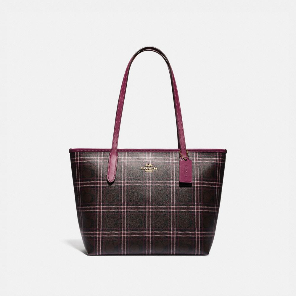 COACH F80032 ZIP TOP TOTE IN SIGNATURE CANVAS WITH SHIRTING PLAID PRINT IM/BROWN FUCHSIA MULTI