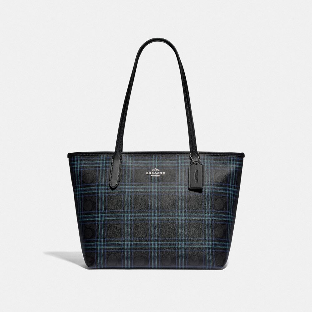 ZIP TOP TOTE IN SIGNATURE CANVAS WITH SHIRTING PLAID PRINT - F80032 - SV/BLACK NAVY MUTLI