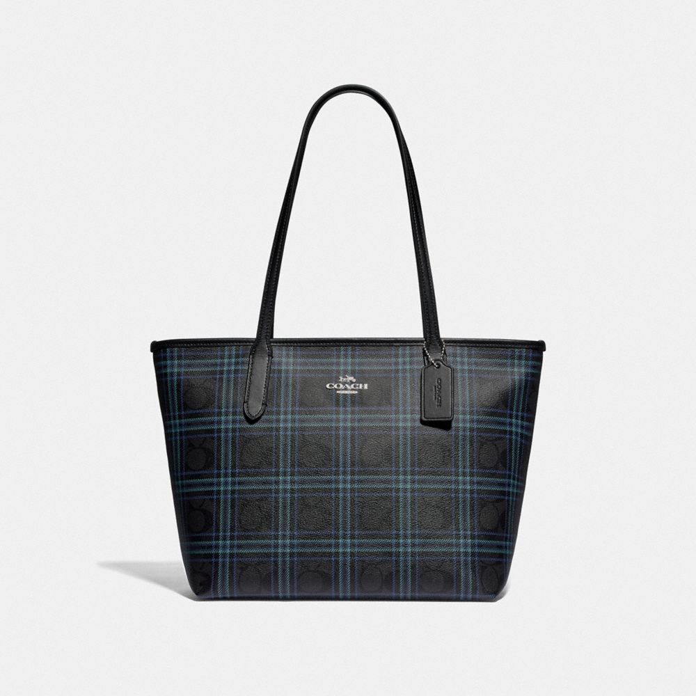 COACH F80032 ZIP TOP TOTE IN SIGNATURE CANVAS WITH SHIRTING PLAID PRINT SV/BLACK NAVY MUTLI