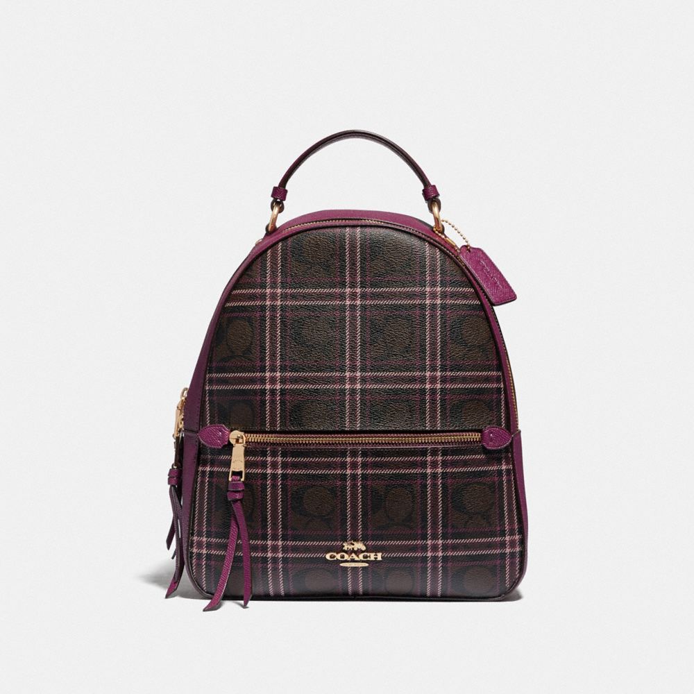 COACH F80051 - JORDYN BACKPACK IN SIGNATURE CANVAS WITH SHIRTING PLAID PRINT IM/BROWN FUCHSIA MULTI