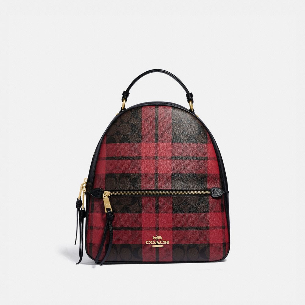 COACH F80056 JORDYN BACKPACK IN SIGNATURE CANVAS WITH FIELD PLAID PRINT IM/BROWN TRUE RED MULTI