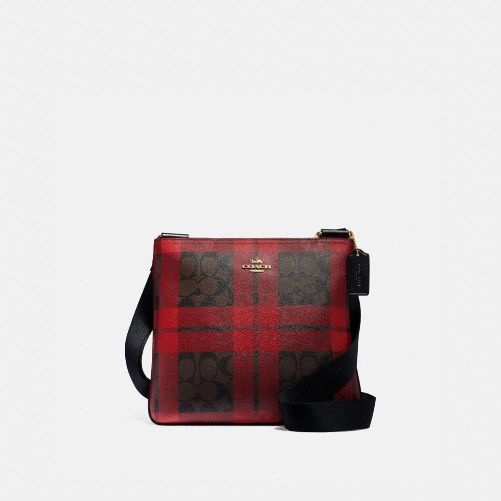 COACH F80057 Zip File Crossbody In Signature Canvas With Field Plaid Print IM/BROWN TRUE RED MULTI