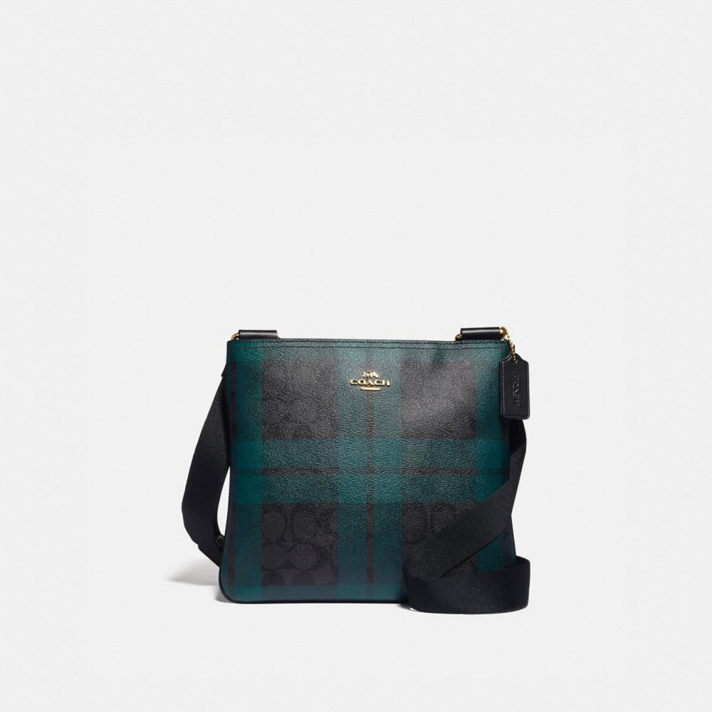 COACH F80057 - ZIP FILE CROSSBODY IN SIGNATURE CANVAS WITH FIELD PLAID PRINT IM/BLACK/DEEP OCEAN MULTI