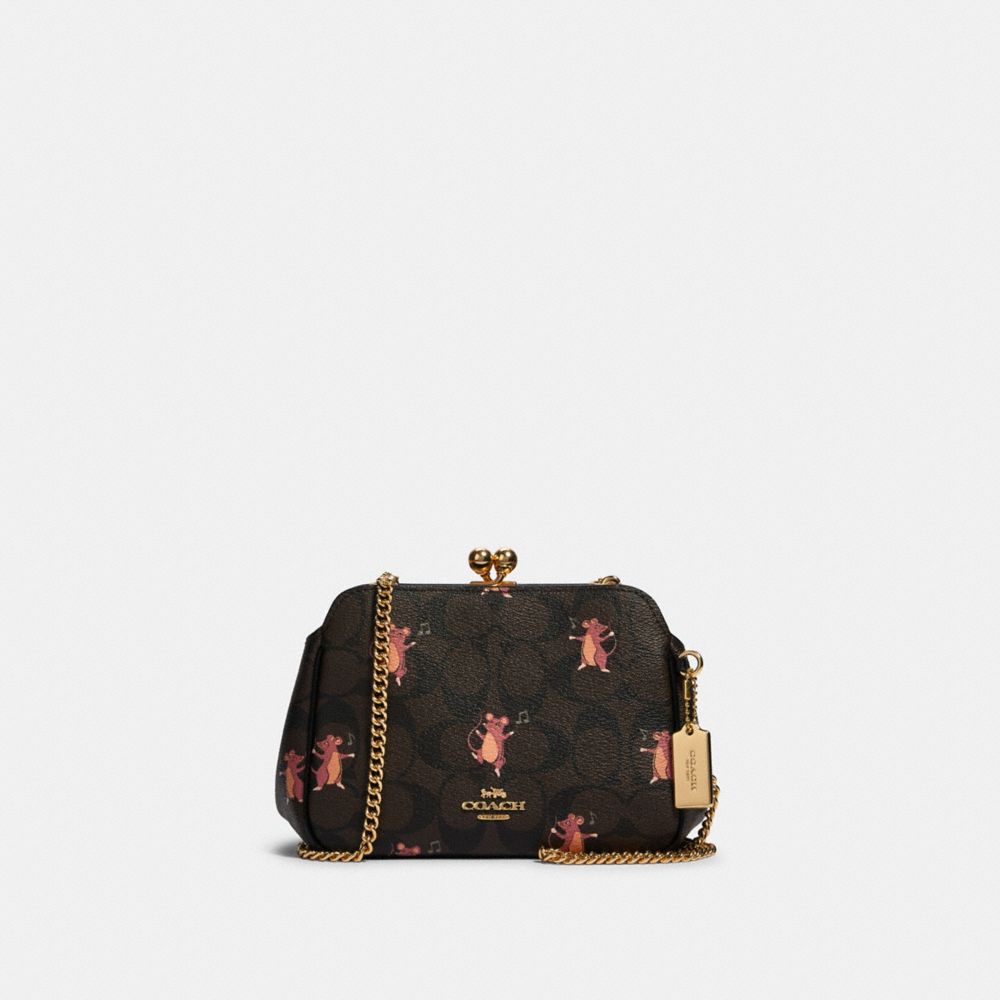 PEARL KISSLOCK CROSSBODY IN SIGNATURE CANVAS WITH PARTY MOUSE PRINT - F80181 - IM/BROWN PINK MULTI