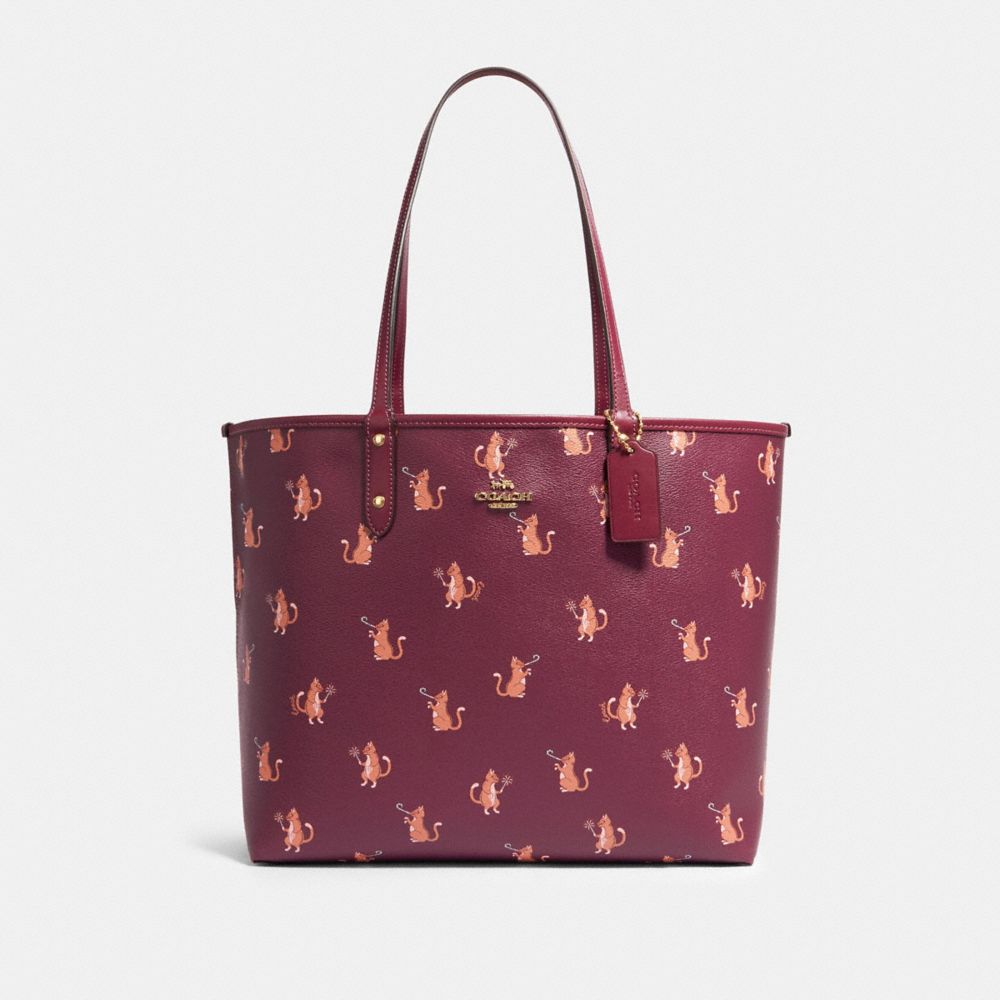 COACH F80232 REVERSIBLE CITY TOTE WITH PARTY CAT PRINT IM/DARK BERRY MULTI/DARK BERRY