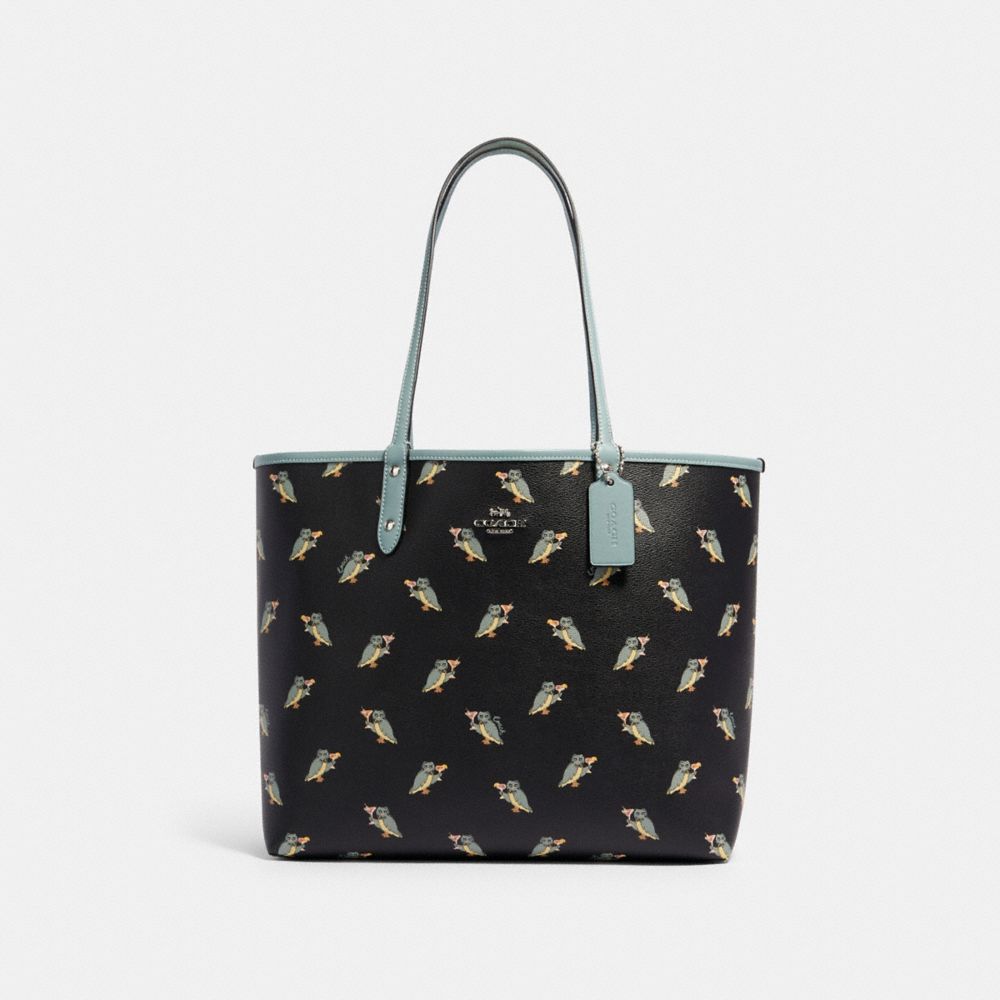 REVERSIBLE CITY TOTE WITH PARTY OWL PRINT - F80235 - SV/BLACK MULTI SAGE