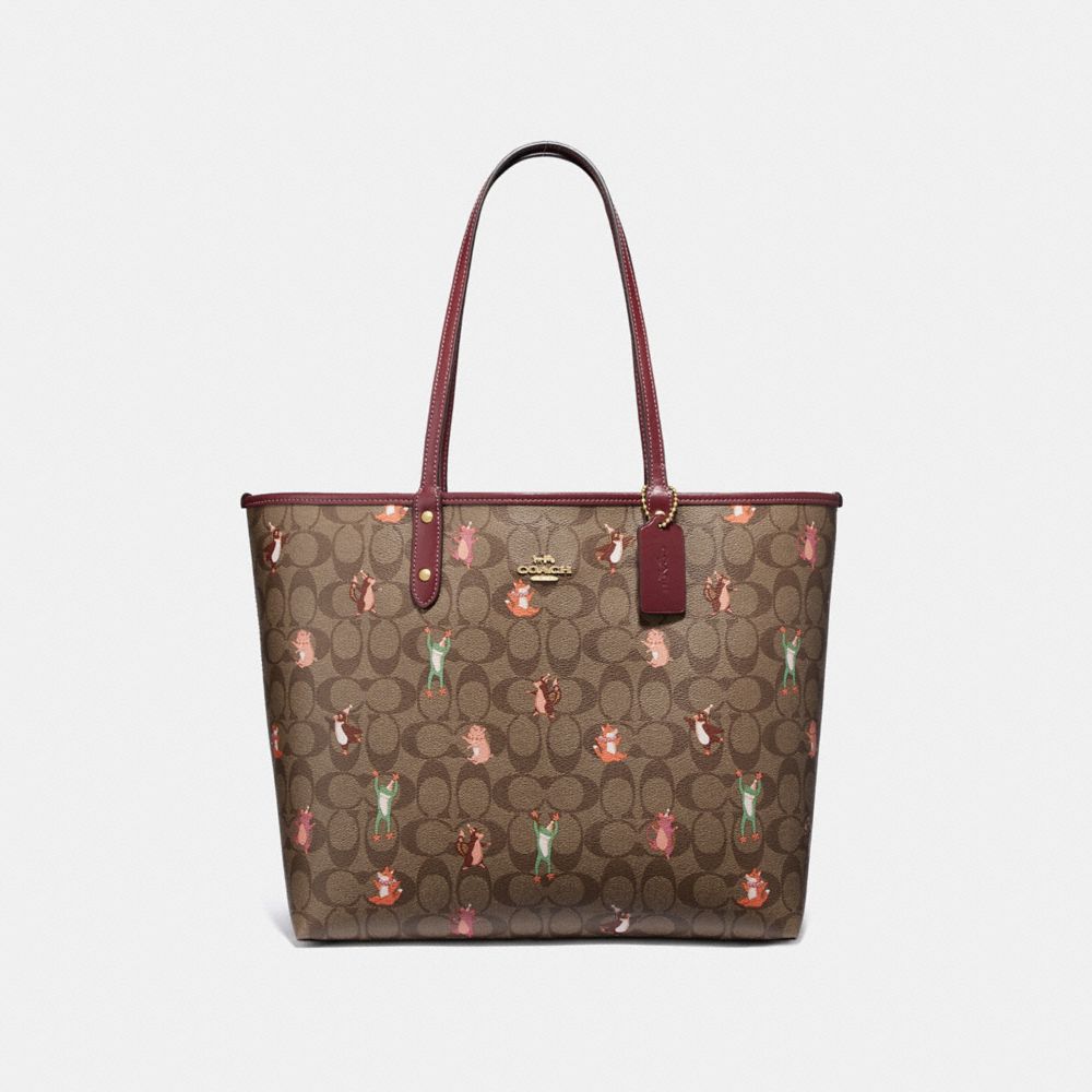 COACH F80246 REVERSIBLE CITY TOTE IN SIGNATURE CANVAS WITH PARTY ANIMALS PRINT IM/KHAKI PINK MULTI WINE