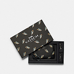 COACH F80302 Boxed Corner Zip Wristlet With Party Owl Print SV/BLACK MULTI