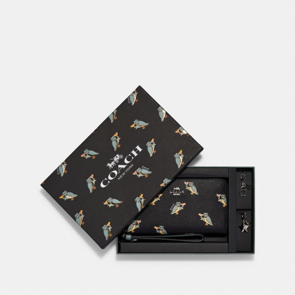 COACH F80307 BOXED LARGE PHONE WALLET WITH PARTY OWL PRINT SV/BLACK MULTI