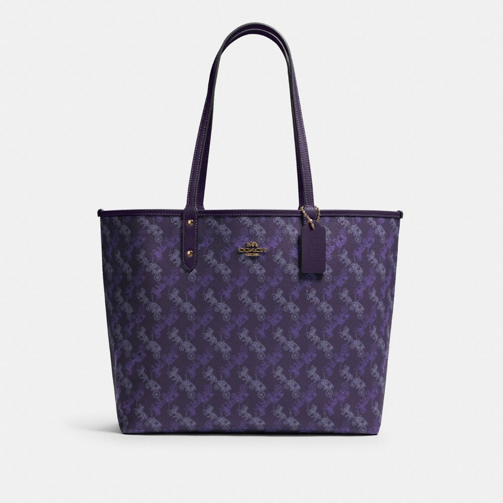 COACH F82134 Reversible City Tote With Horse And Carriage Print IM/DARK PURPLE/LAVENDAR MULTI