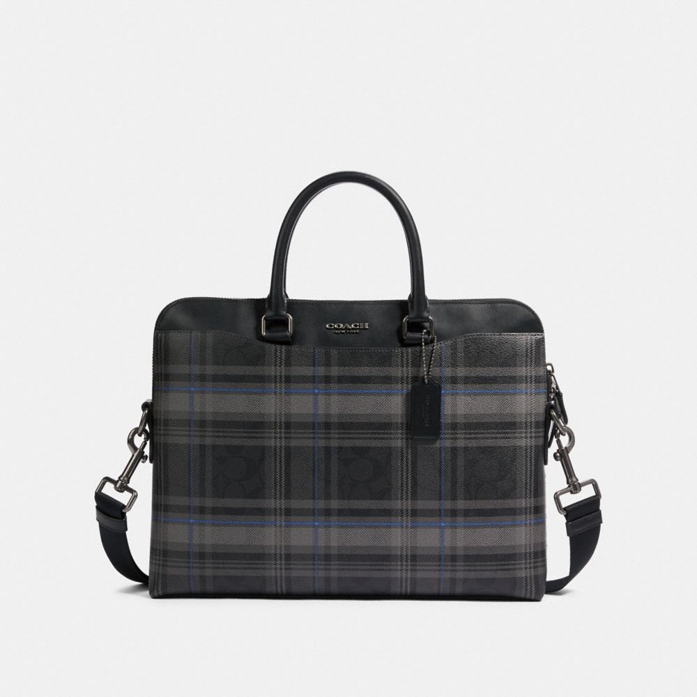 COACH F83000 BECKETT PORTFOLIO BRIEF IN SIGNATURE CANVAS WITH PLAID PRINT QB/BLACK-MULTI