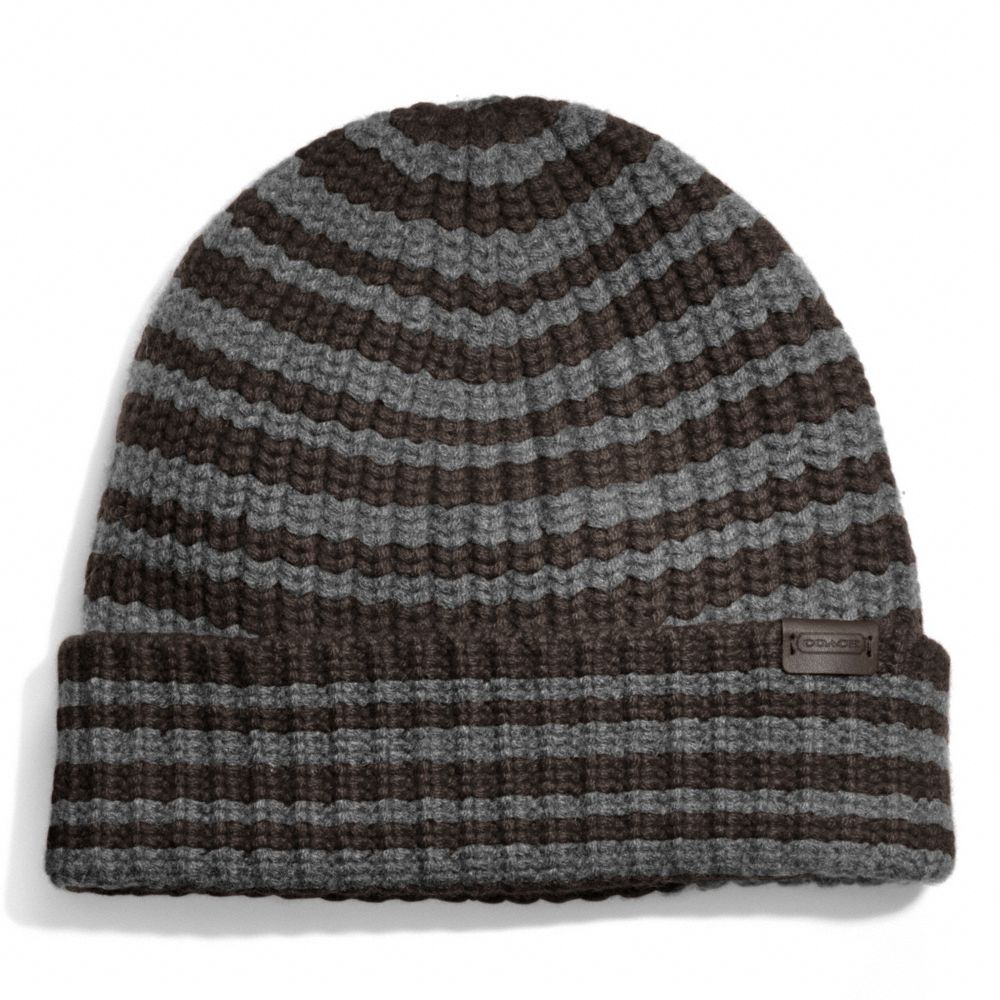 COACH f83147 CASHMERE STRIPED RIBBED KNIT CAP LIGHT GREY