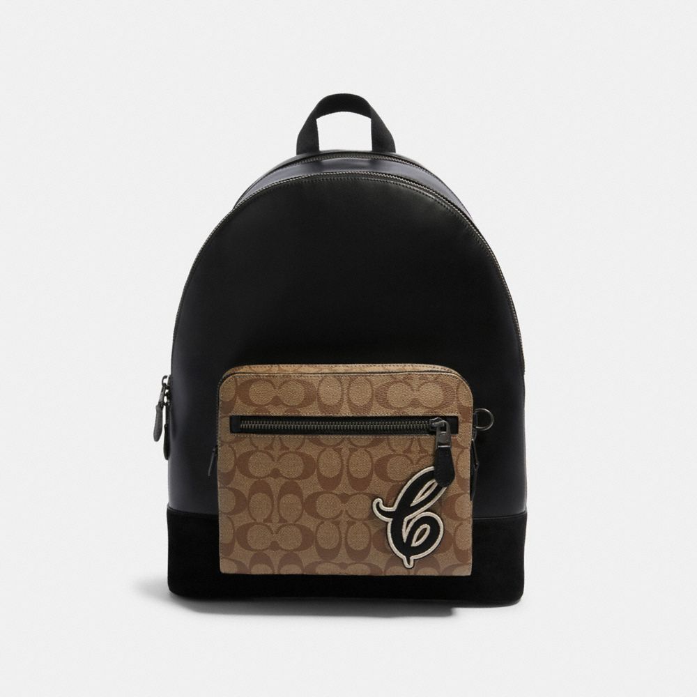 COACH F83287 WEST BACKPACK IN SIGNATURE CANVAS WITH SIGNATURE MOTIF QB/TAN BLACK