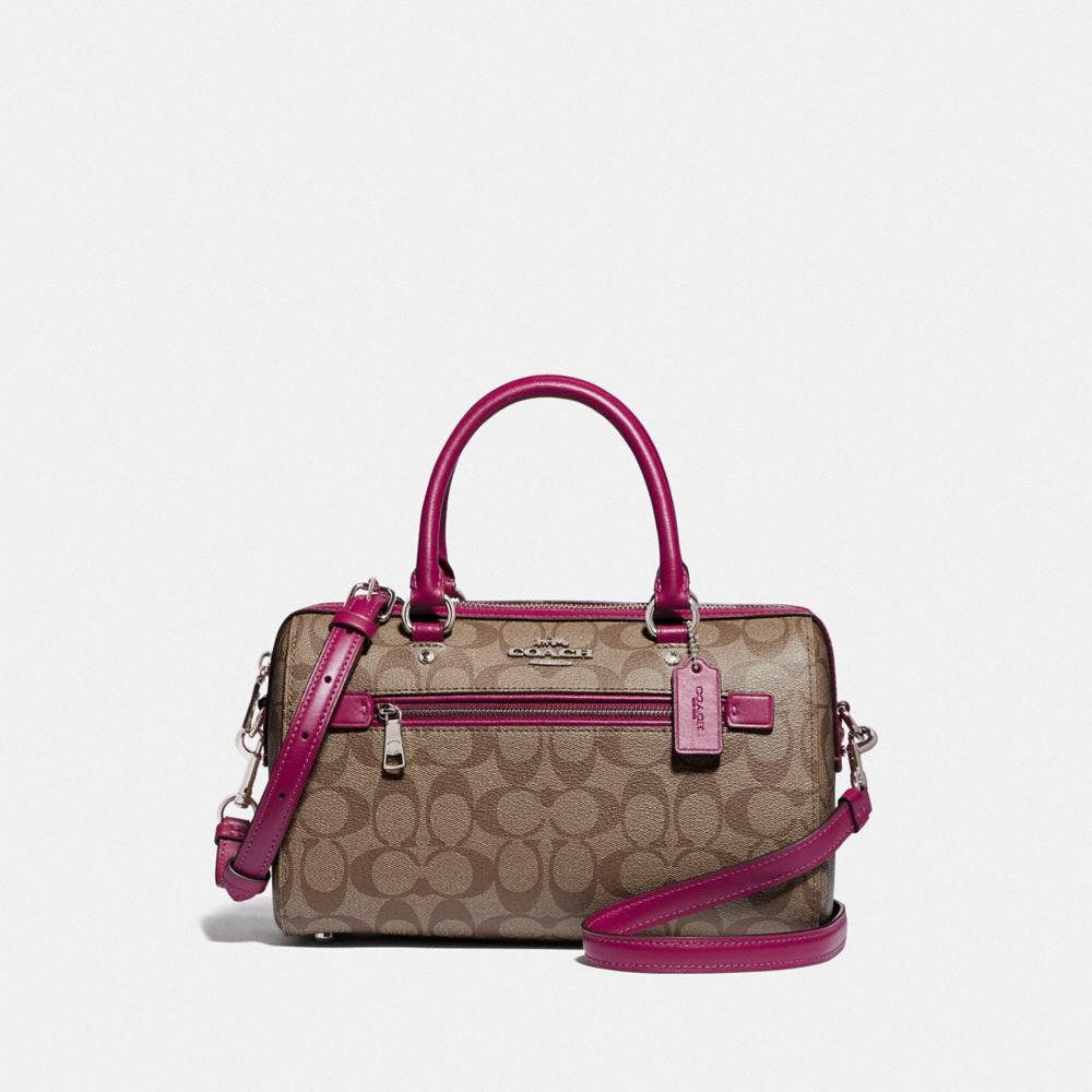 ROWAN SATCHEL IN SIGNATURE CANVAS - F83607 - SV/KHAKI DARK FUCHSIA