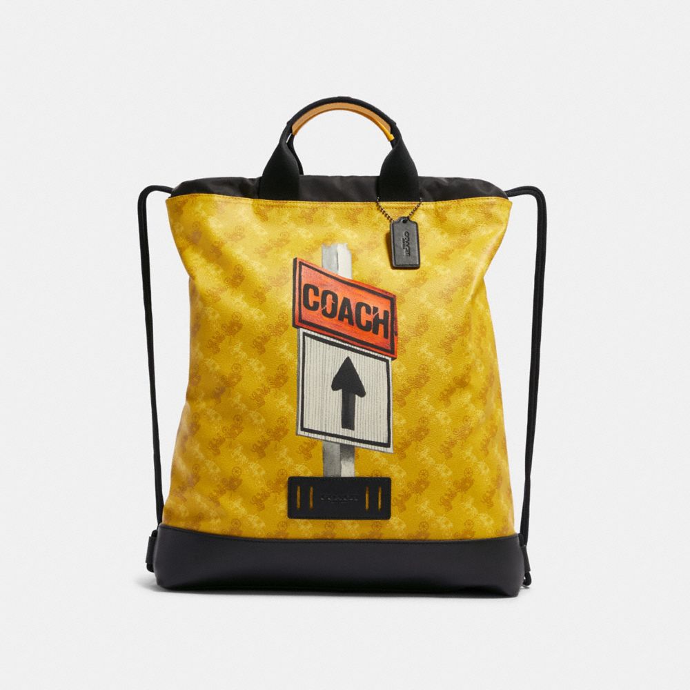 COACH F83608 TERRAIN DRAWSTRING BACKPACK WITH HORSE AND CARRIAGE PRINT QB/YELLOW MULTI