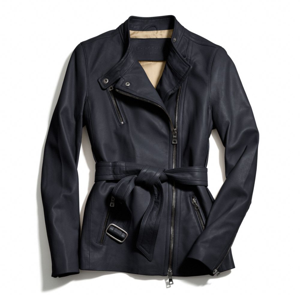 COACH BELTED FASHION LEATHER JACKET - NAVY - F83649