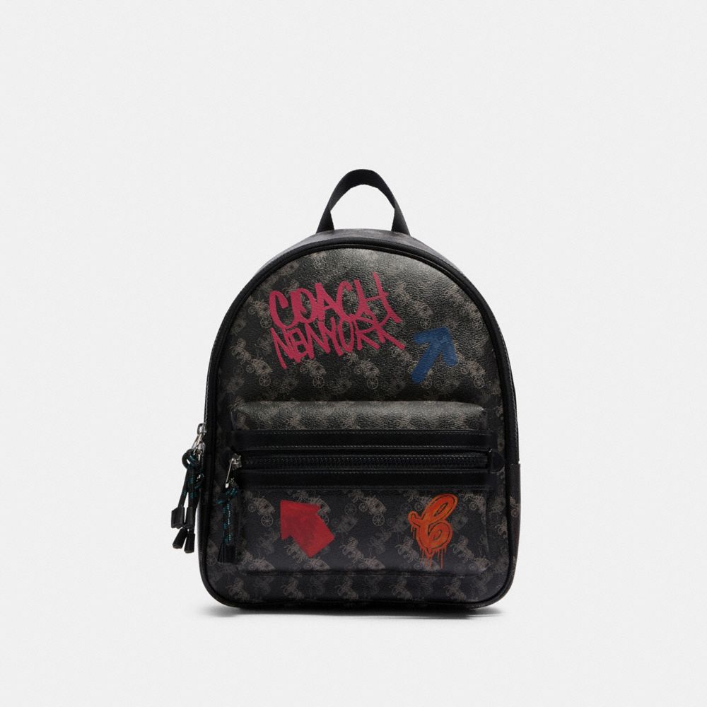 COACH F84225 VALE MEDIUM CHARLIE BACKPACK WITH HORSE AND CARRIAGE PRINT SV/BLACK GREY MULTI