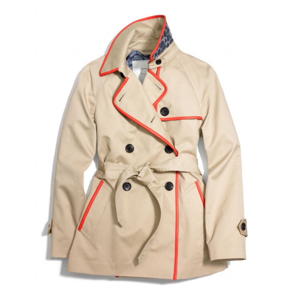 SHORT LEATHER TRIMMED TRENCH - f84237 - KHAKI/HOT ORANGE