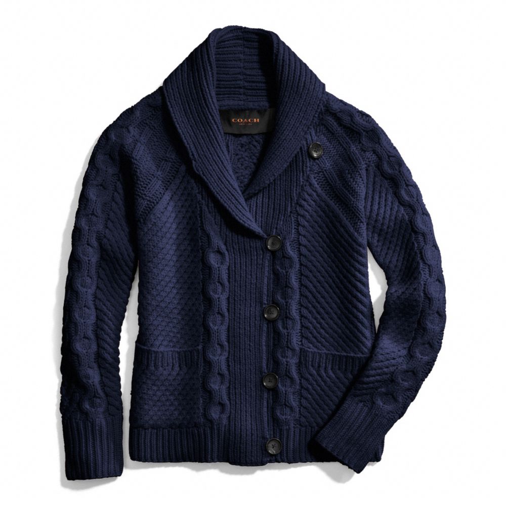 HANDKNIT ARAN SHAWL CARDIGAN - NAVY - COACH F84275