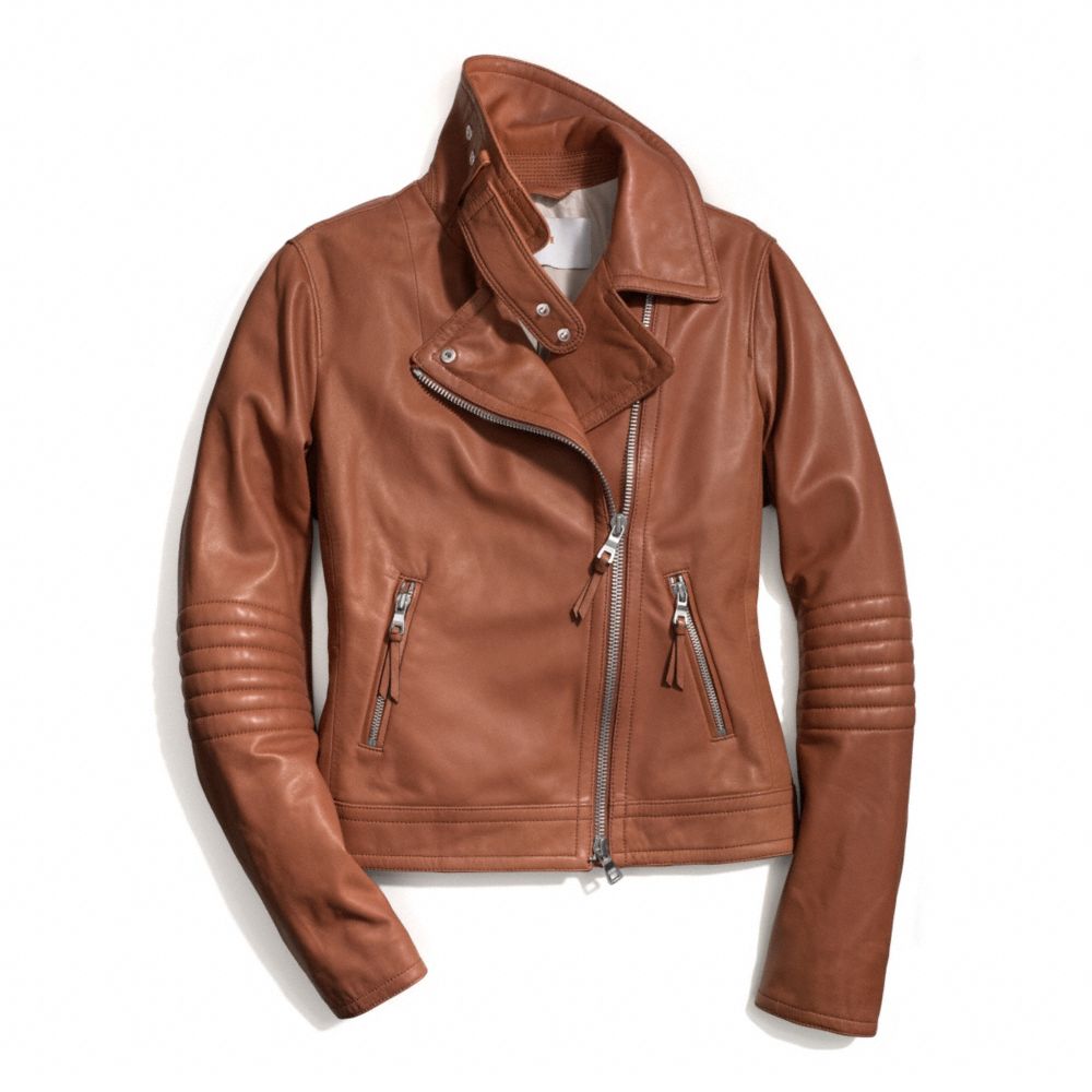 COACH SLIM LEATHER MOTO JACKET - CAMEL - f84295