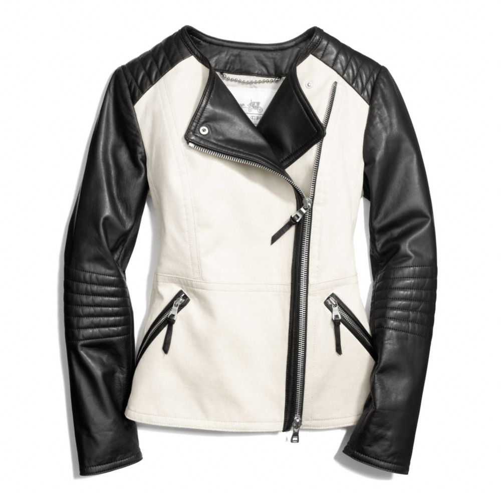 COLORBLOCK COLLARLESS LEATHER JACKET - STONE/BLACK - COACH F84301