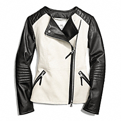 COLORBLOCK COLLARLESS LEATHER JACKET - f84301 - STONE/BLACK