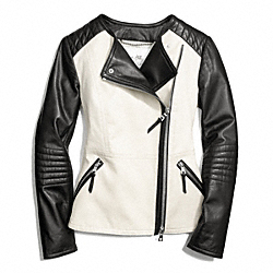 COLORBLOCK COLLARLESS LEATHER JACKET - f84301 -  STONE/BLACK