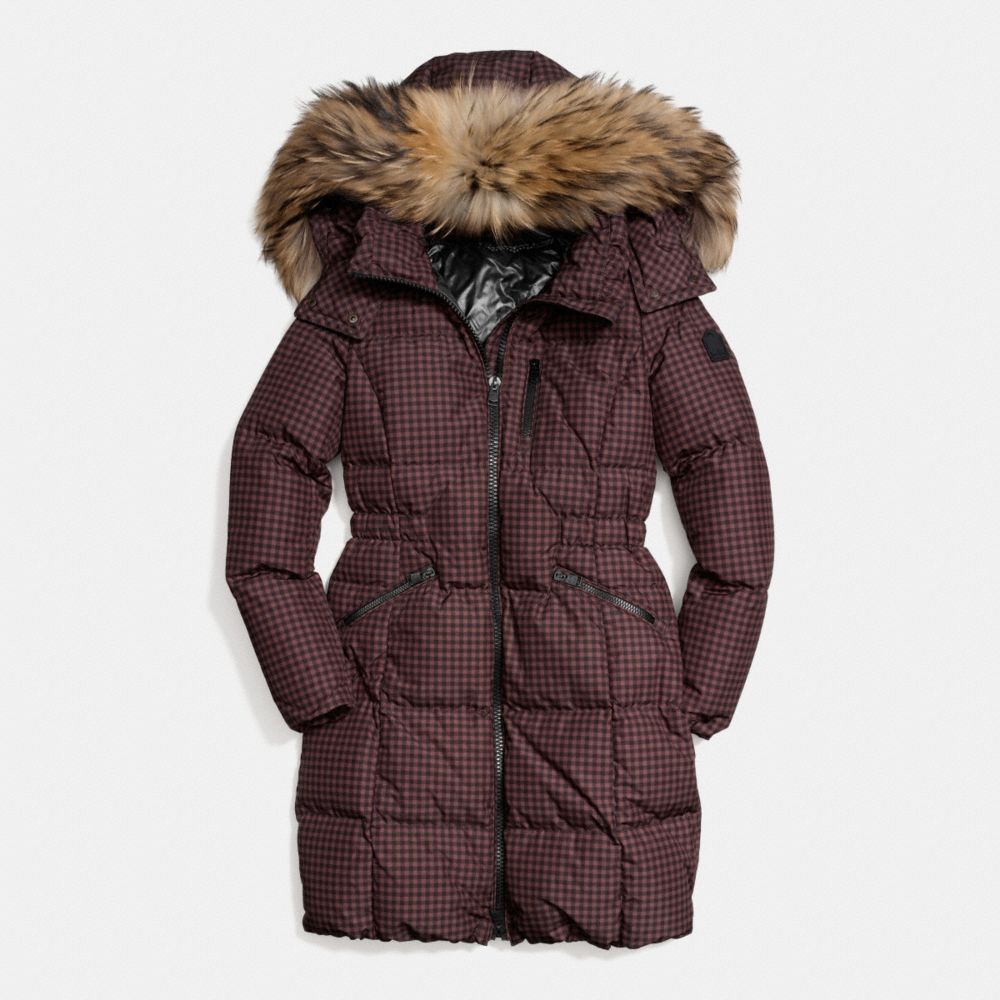 COACH f84580 GINGHAM CHECK LONG DOWN COAT WITH FUR TRIM BROWN/BLACK