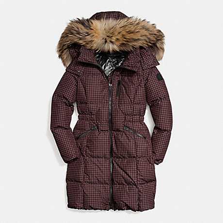 COACH F84580 - GINGHAM CHECK LONG DOWN COAT WITH FUR TRIM - BROWN/BLACK