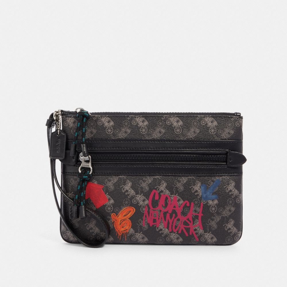 COACH F84636 Gallery Pouch With Horse And Carriage Print SV/BLACK GREY MULTI